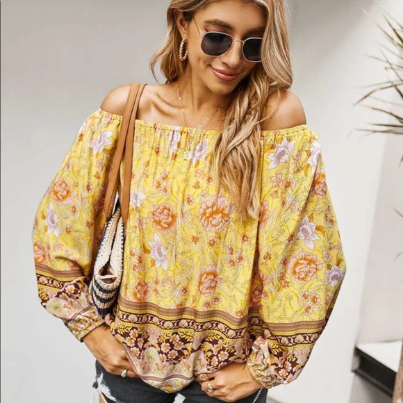 Boho floral print off shoulder blouse- Yellow - Picture 10 of 12
